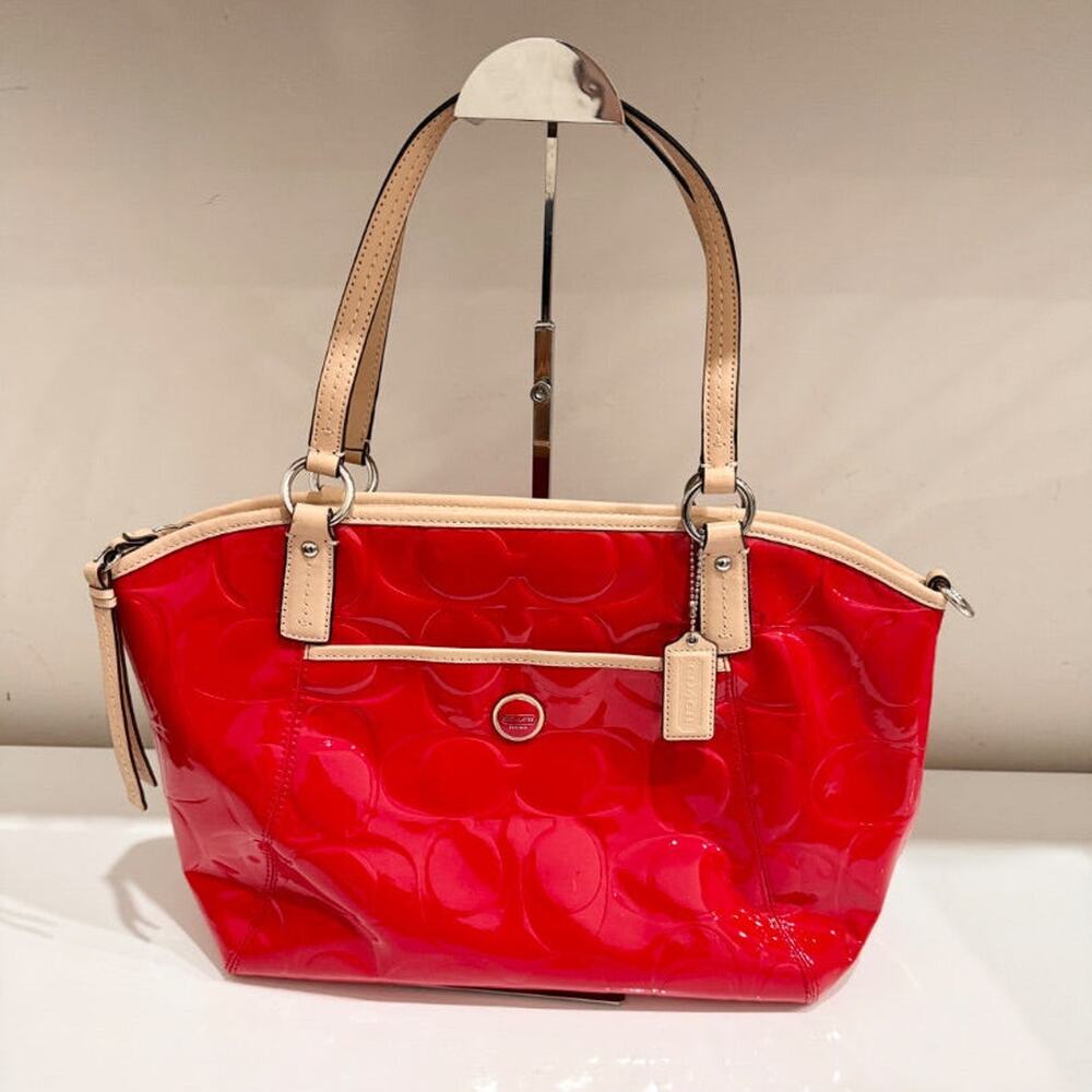 Vintage Coach Peyton Embossed Patent Leather Tote Bag Red Tan Trim